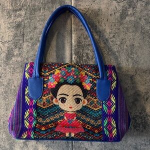 Blue and Pink Embroidered Shoulder Bag